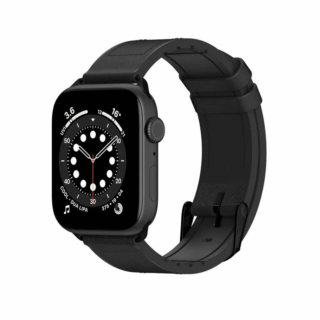 Хибридна (естествена кожа и силикон) каишка за Apple Watch 42мм, 44мм, 45мм, Ultra 49мм - SwitchEasy Hybrid Silicone-Leather Watch Band (черен)