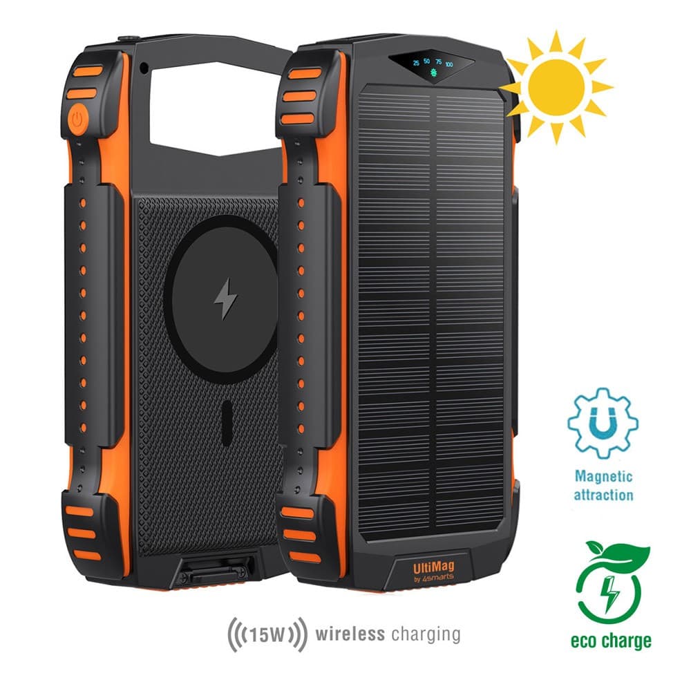 Соларна удароустойчива външна батерия с 5xUSB изхода, компас и фенер - 4smarts Solar Power Bank Rugged TitanPack Ultimag 20000mAh (черен-оранжев)