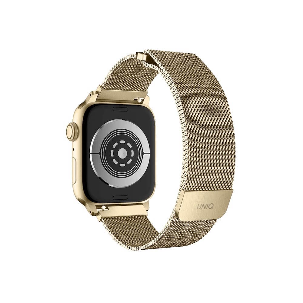 Стоманена, неръждаема каишка за Apple Watch 42мм, 44мм, 45мм, Ultra, Ultra 2 49мм - Uniq Dante Milanese Magnetic Stainless Steel Band (златист)