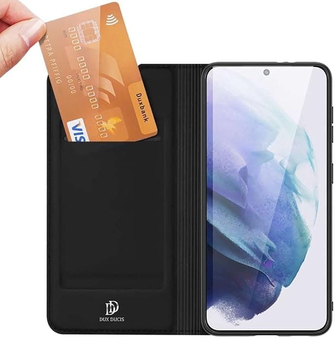 Кожен калъф с поставка и отделение за кр. карти за Samsung Galaxy S22 Plus - Dux Ducis Skin Pro Case (черен)