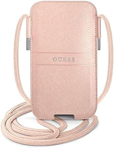 Кожен калъф с връзка за мобилни телефони (розов) - Guess Pouch Saffiano Metal Logo L