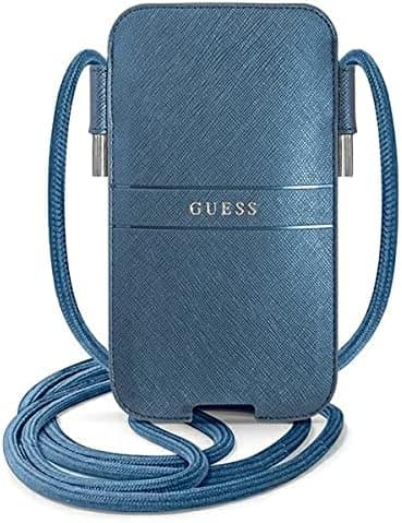 Кожен калъф с връзка за мобилни телефони (син) - Guess Pouch Saffiano Metal Logo L