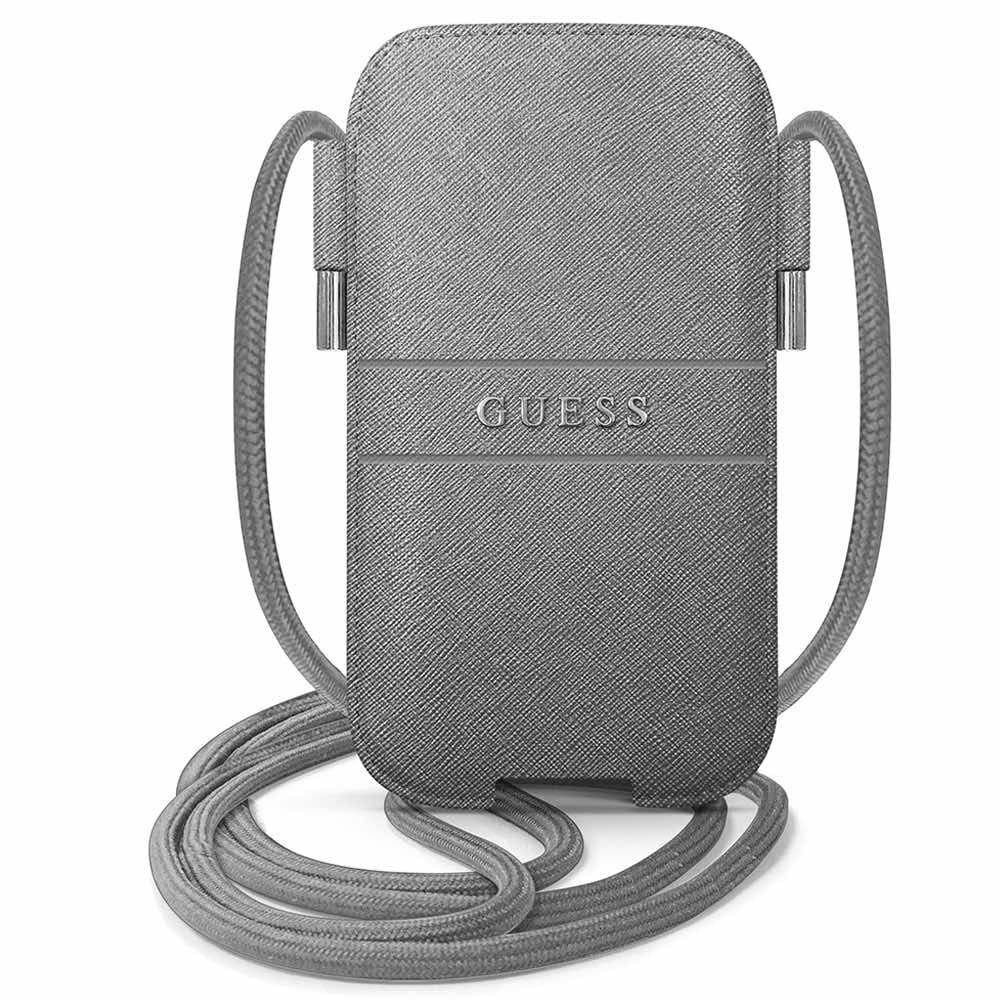 Кожен калъф с връзка за мобилни телефони (сив) - Guess Pouch Saffiano Metal Logo L