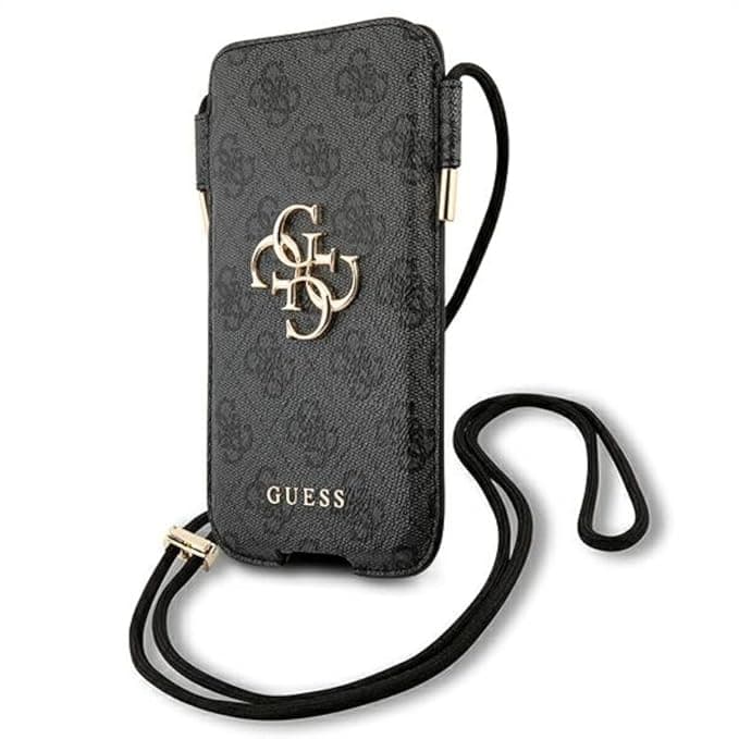 Кожен калъф с връзка за мобилни телефони (тъмносив) - Guess Pouch 4G Script Logo S/M