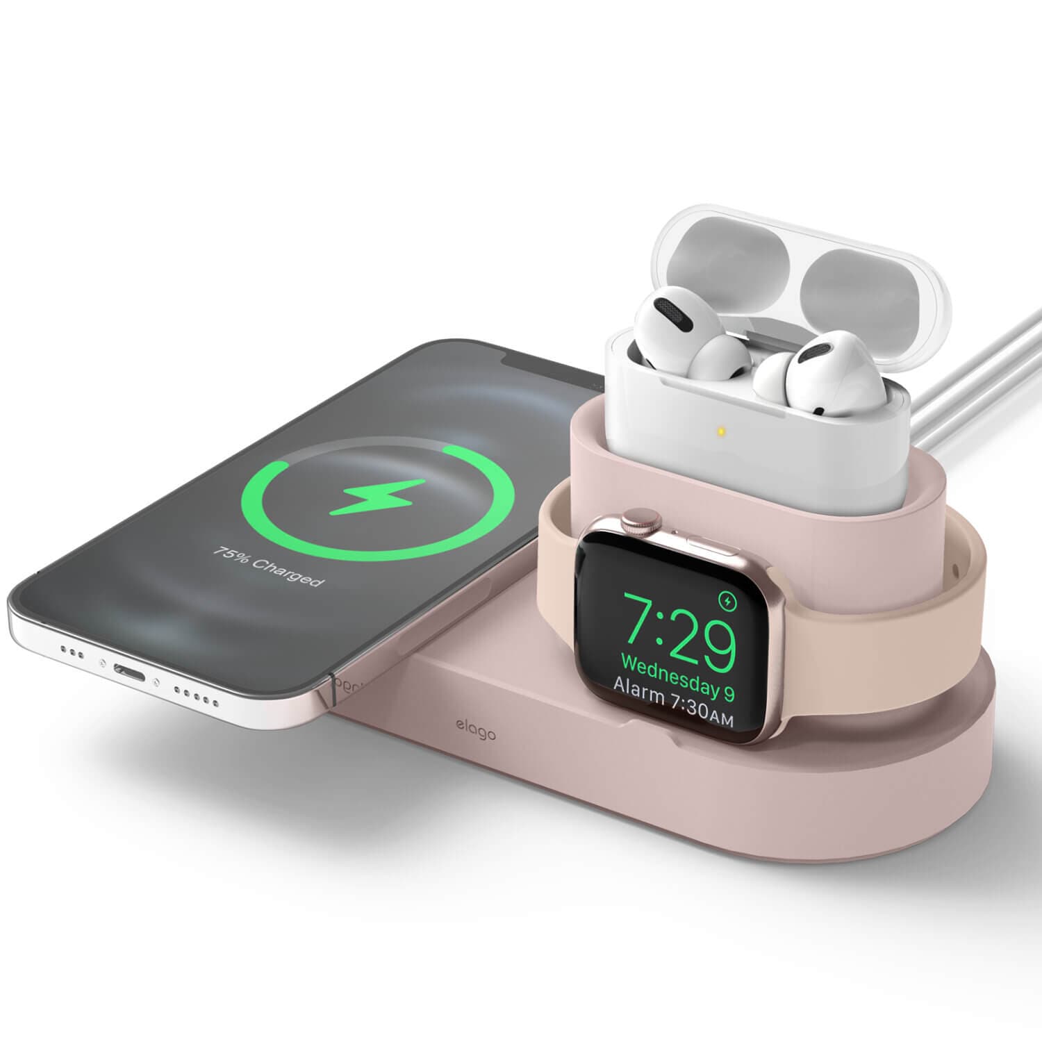 Силиконова поставка за зареждане на iPhone, Apple Watch и Apple AirPods Pro - Elago MagSafe Charging Hub Trio 1 (розова)