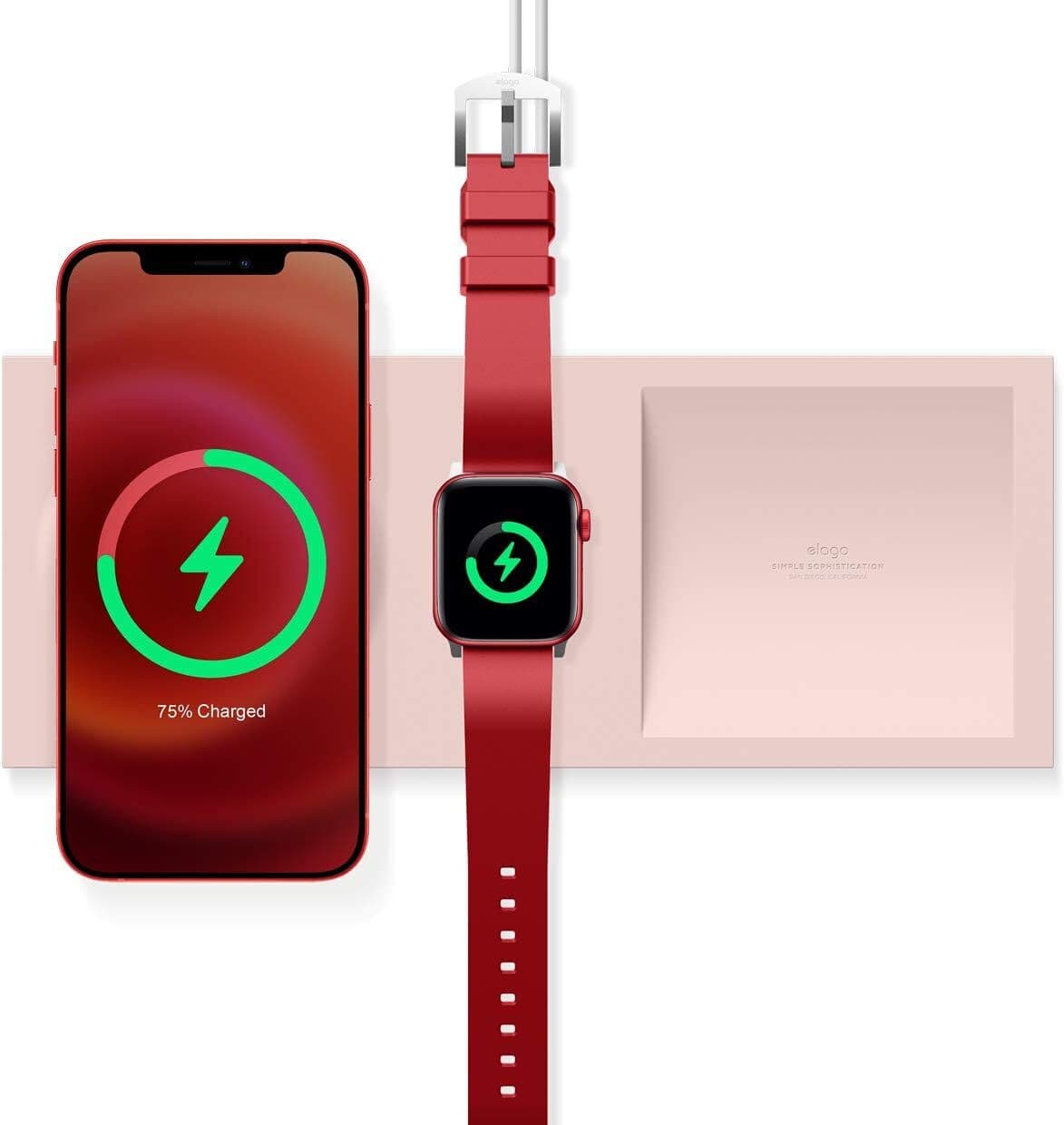 Силиконова поставка за зареждане на iPhone и Apple Watch чрез поставяне на Apple MagSafe Charger и Apple Watch кабел - Elago Charging Tray Duo for MagSafe & Apple Watch Charger (розов)