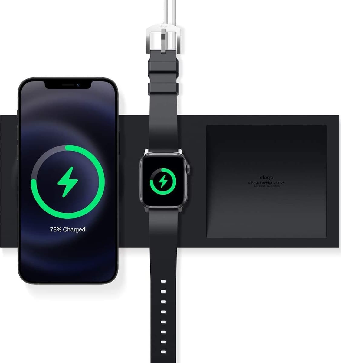 Силиконова поставка за зареждане на iPhone и Apple Watch чрез поставяне на Apple MagSafe Charger и Apple Watch кабел - Elago Charging Tray Duo for MagSafe & Apple Watch Charger (черен)