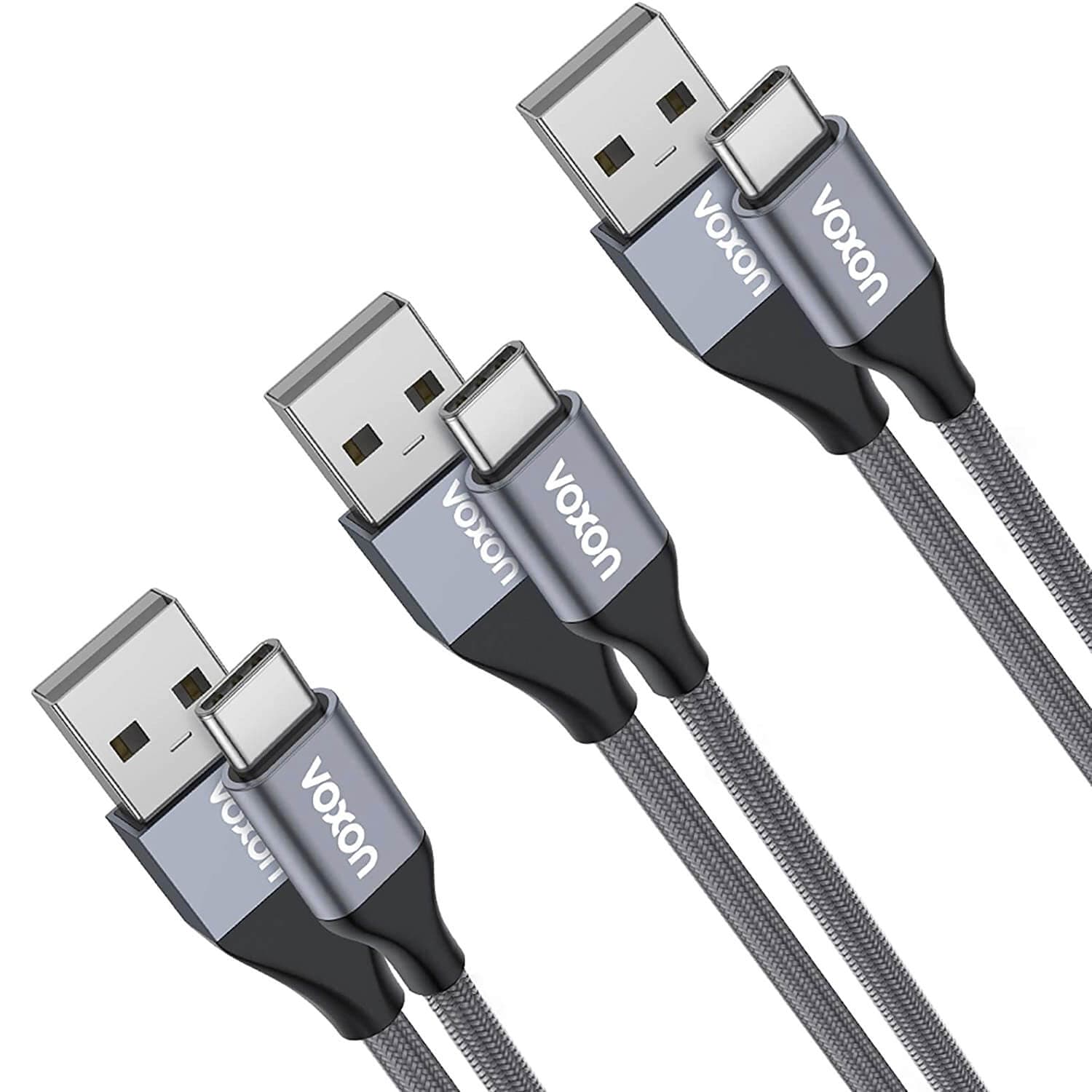 Комплект 3 броя изключително здрави и качествени плетени USB-C кабели за устройства с USB-C порт - Voxon CUC02105GA02 3-pack Braided USB-C to USB-A Cable (тъмносив)