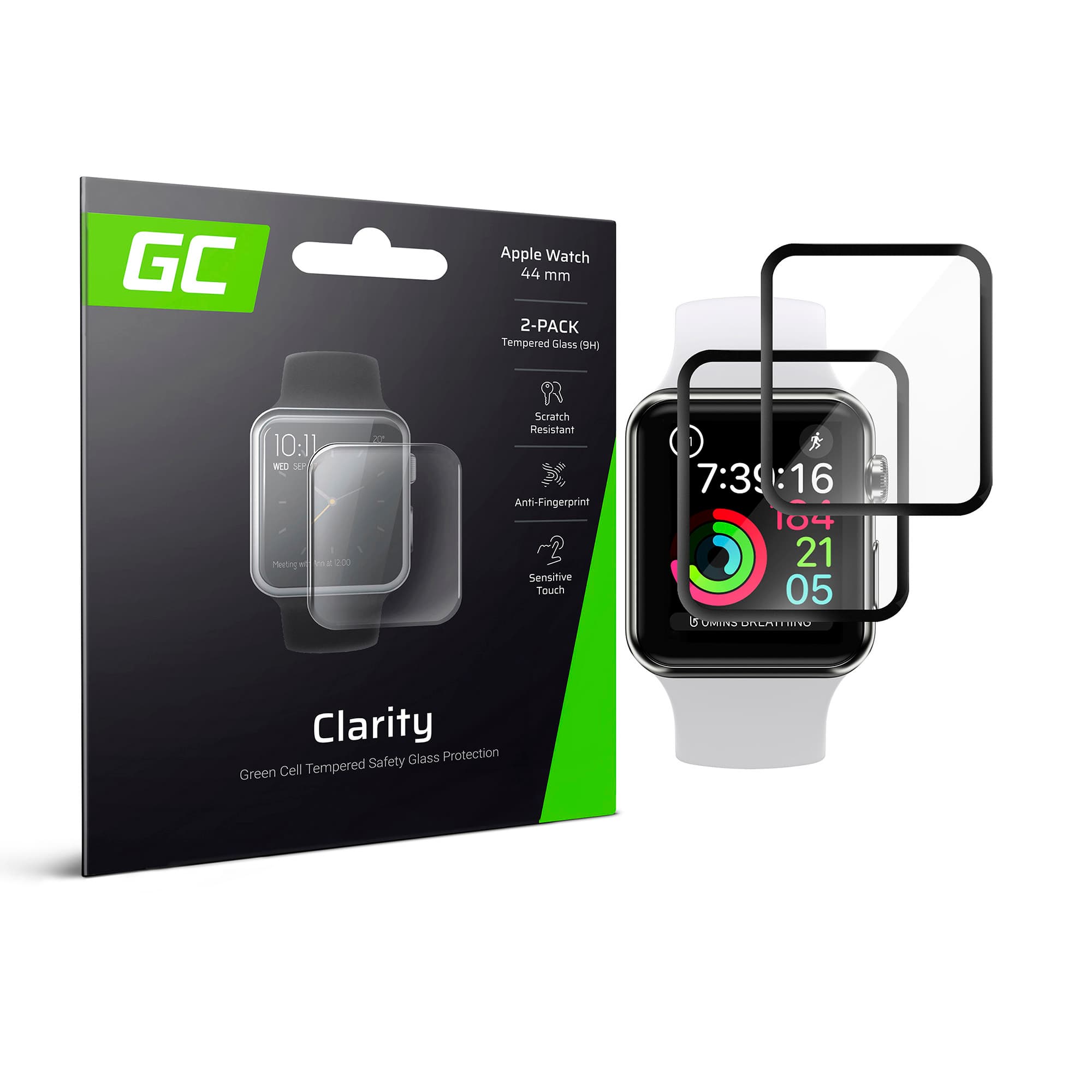 Калено стъклено защитно покритие с извити ръбове за дисплея на Apple Watch 44мм - Green Cell Clarity Tempered Glass Protector (2 броя)