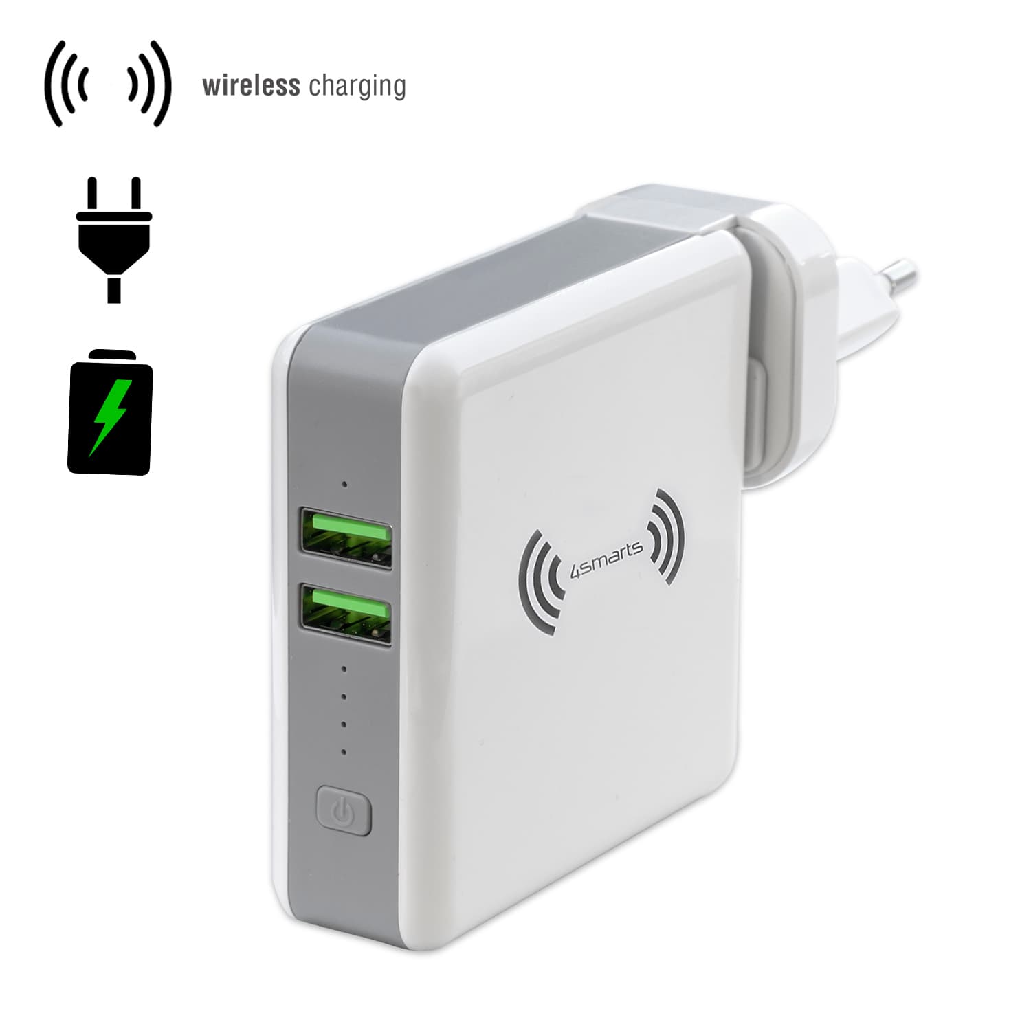Захранване за ел. мрежа с два USB изхода, външна батерия и безжично зареждане - 4smarts 3in1 Charger HyperVolt with Wireless Power Bank (бял)