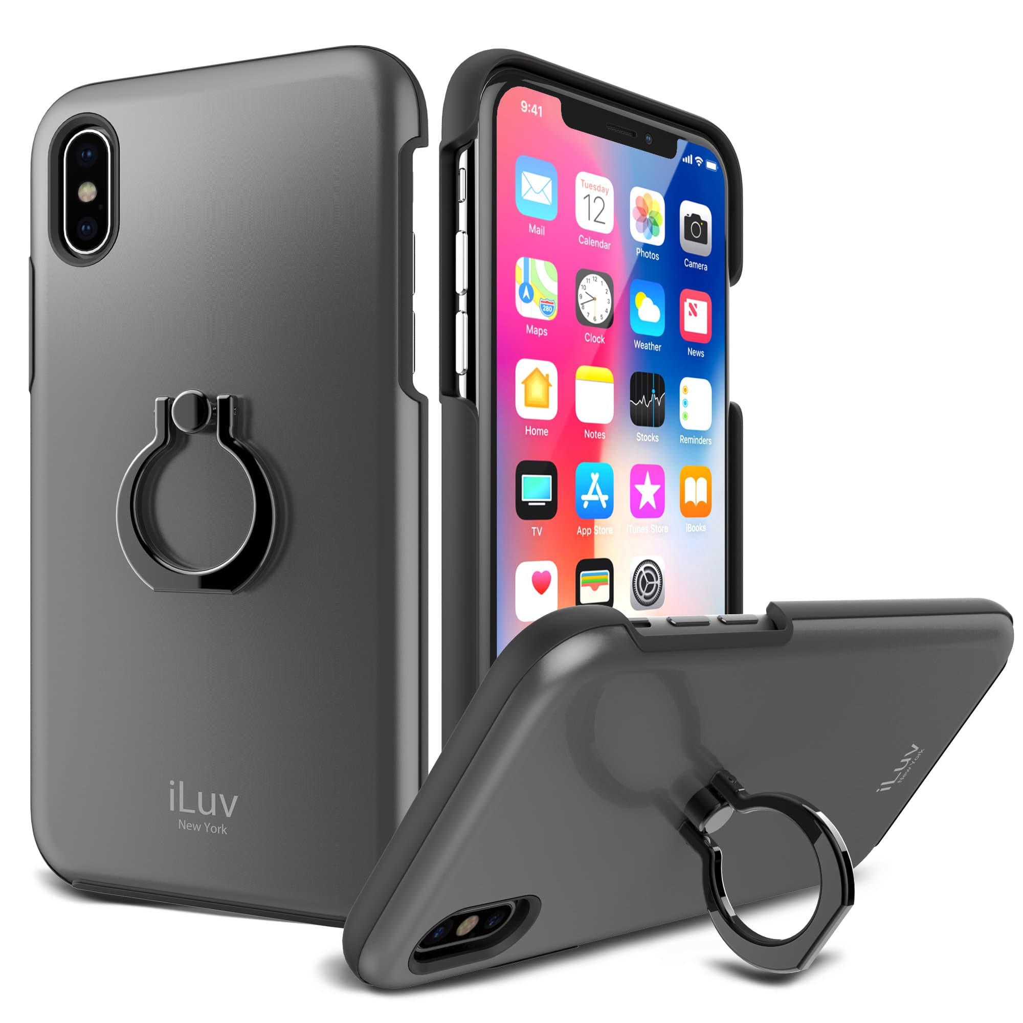 Поликарбонатов кейс с пръстен против изпускане за iPhone XS, iPhone X - iLuv Metal Forge Ring Case (сив)