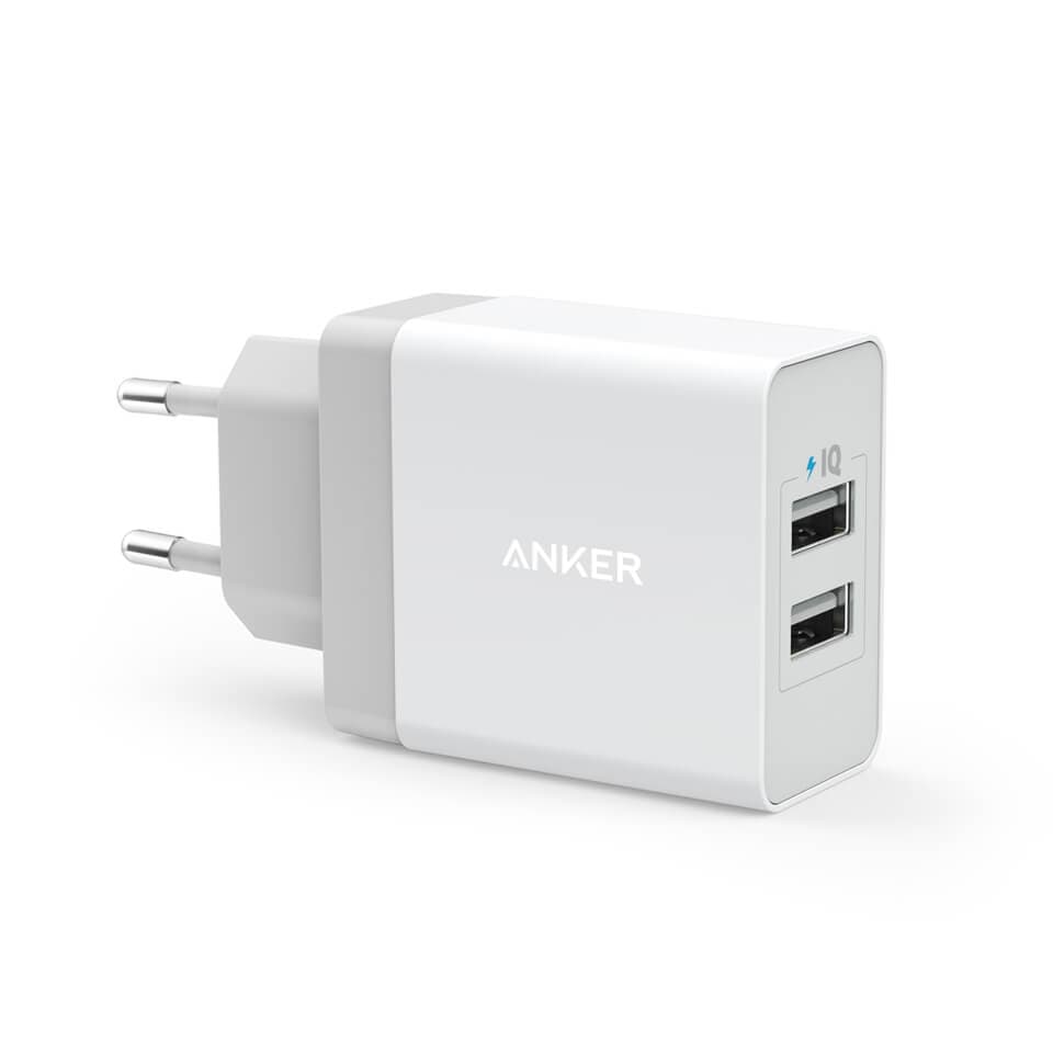 Захранване с два USB изхода и технология за бързо зареждане - Anker PowePort 2 24W USB Charger с PowerIQ и VoltageBoost (бял)