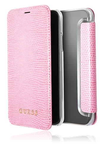 Дизайнерски кожен калъф, тип портфейл за iPhone XS, iPhone X - Guess Iridescent Python Book Case (розов)