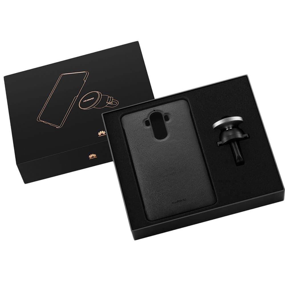 Подаръчен оригинален комплект от кожен кейс и магнитна поставка за Huawei Mate 9 - Huawei Car Holder Gift Box (сив)
