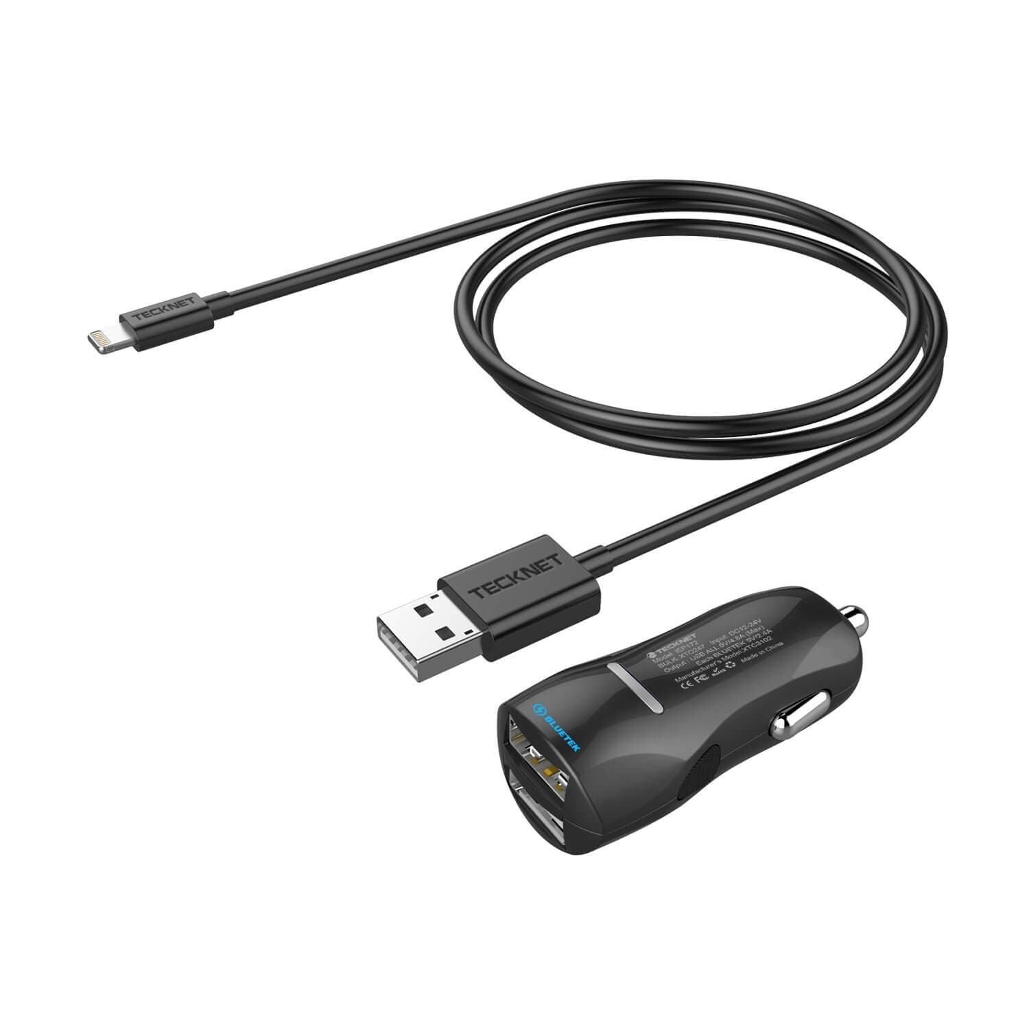 Зарядно за кола 4.8A с 2xUSB изхода и Lightning кабел за iPhone, iPad и iPod с Lightning порт - TeckNet iEP172Car Charger 4.8A and MFI Lightning Cable (черен)