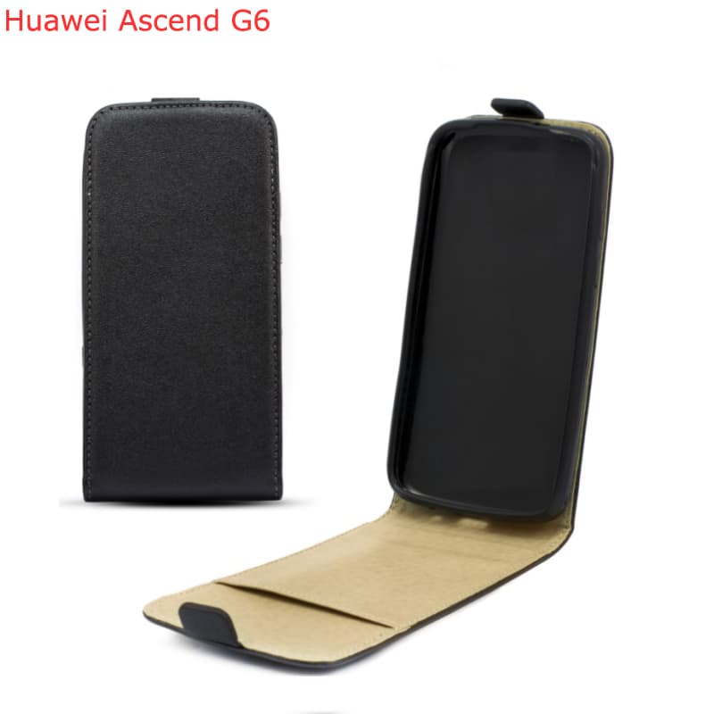 Вертикален кожен калъф с джоб за Huawei Ascend G6 - Leather Pocket Flip Case (черен)