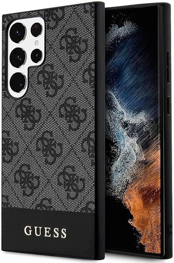 Дизайнерски кожен кейс за Samsung Galaxy S24 Ultra - Guess PU 4G Stripe Leather Hard Case (сив)