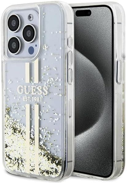 Дизайнерски кейс с висока защита за iPhone 15 Pro - Guess Liquid Glitter Gold Stripe Case (прозрачен)