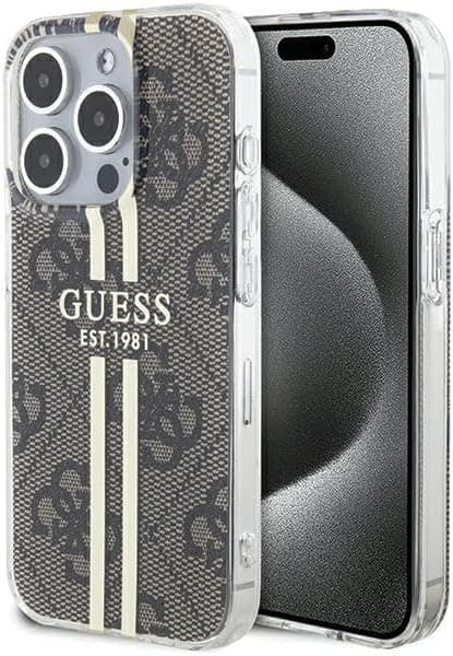 Дизайнерски силиконов кейс за iPhone 15 Pro - Guess IML 4G Gold Stripe Case (кафяв)