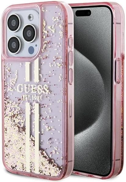 Дизайнерски кейс с висока защита за iPhone 15 Pro - Guess Liquid Glitter Gold Stripe Case (розов)