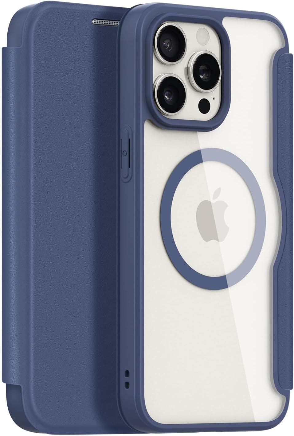 Удароустойчив хибриден кожен кейс с отделение за карти и MagSafe за iPhone 15 Pro Max - Dux Ducis Skin X Pro Magnetic Wallet Case (син-прозрачен)