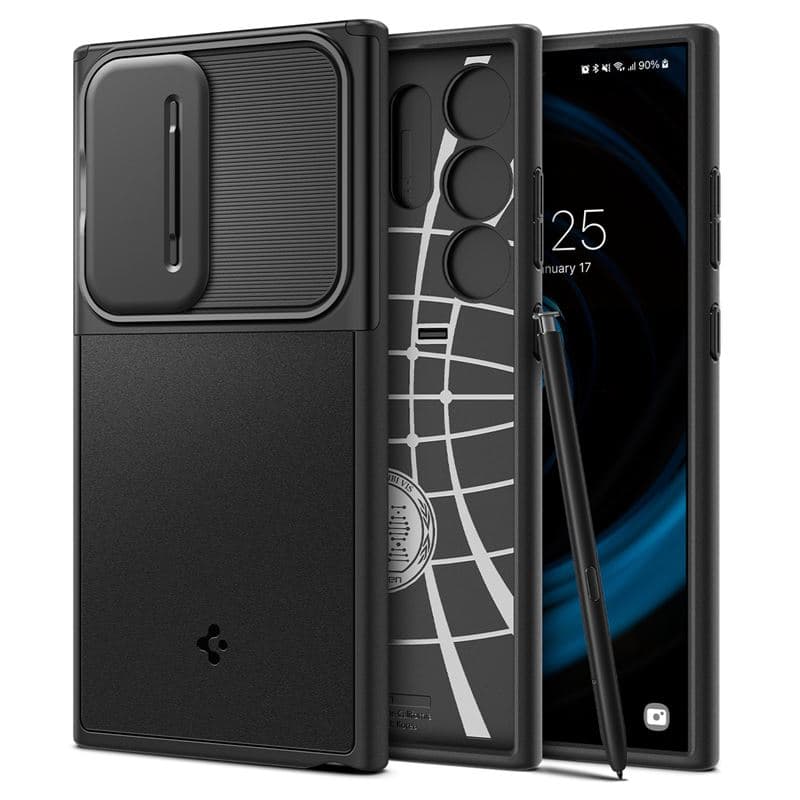 Тънък качествен силиконов (TPU) калъф с капак за камерата за Samsung Galaxy S24 Ultra - Spigen Optik Armor Case (черен)