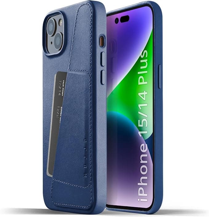 Премиум кожен (естествена кожа) кейс за iPhone 15 Plus, iPhone 14 Plus - Mujjo Full Leather Wallet Case (син)