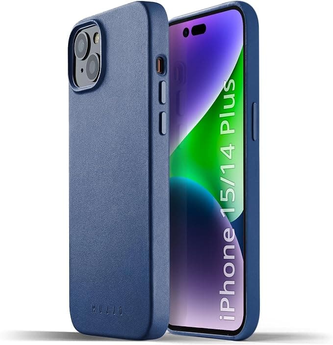 Премиум кожен (естествена кожа) кейс с MagSafe за iPhone 15 Plus, iPhone 14 Plus - Mujjo Full Leather MagSafe Case (син)