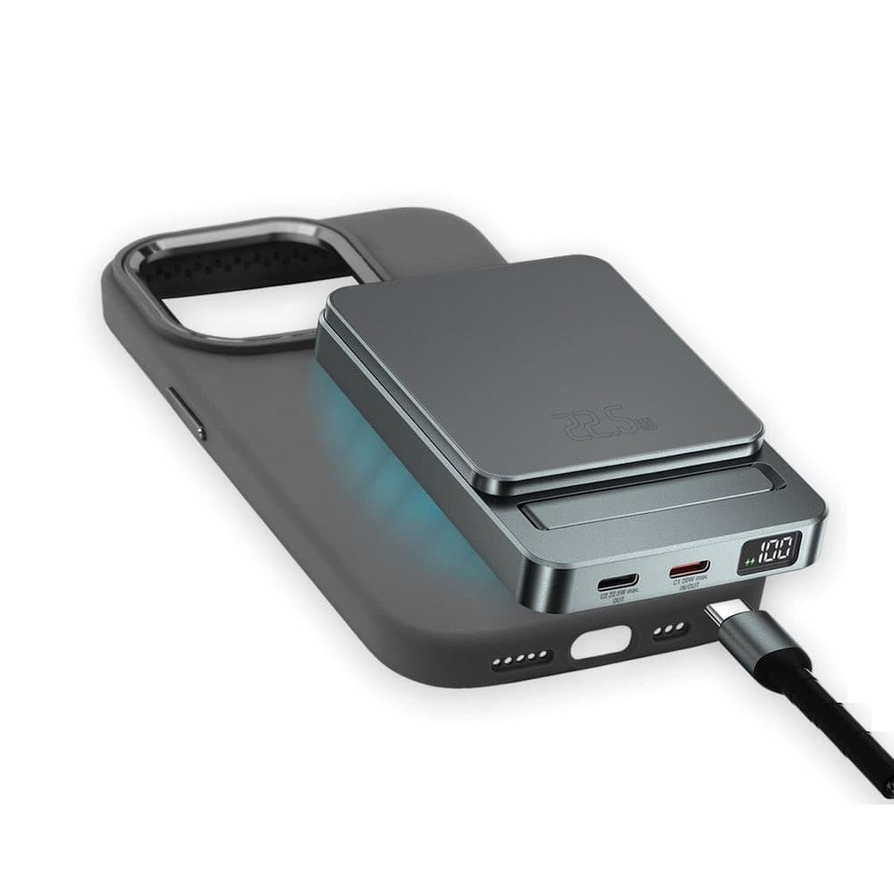 Комплект преносима външна батерия с безжично зареждане с MagSafe и силиконов кейс с MagSafe за iPhone 15 Pro - 4smarts OneStyle MagSafe PowerBank 5000 mAh With Silicone Case (сив)
