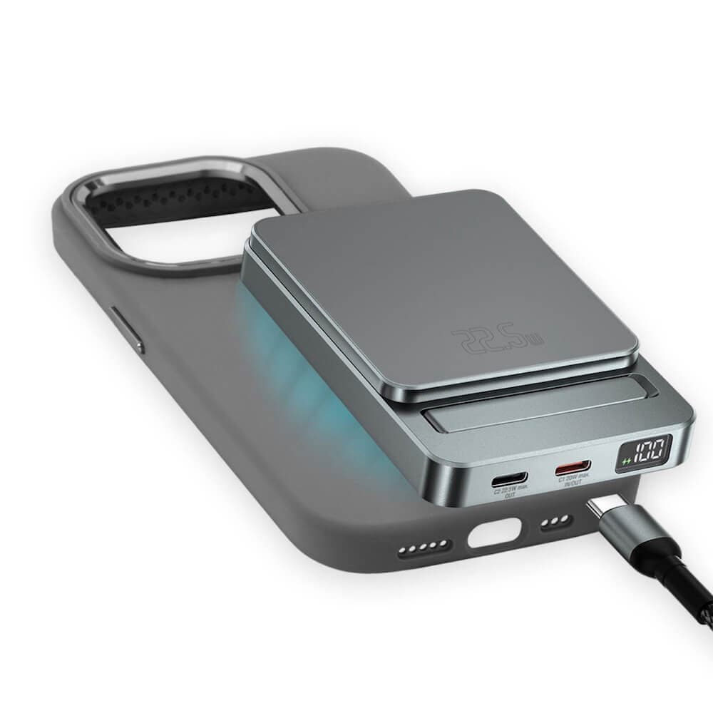 Комплект преносима външна батерия с безжично зареждане с MagSafe и силиконов кейс с MagSafe за iPhone 15 Plus - 4smarts OneStyle MagSafe PowerBank 5000 mAh With Silicone Case (сив)