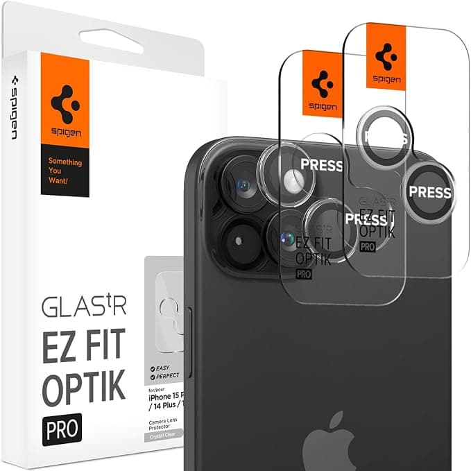 2 комплекта предпазни стъклени лещи за камерата на iPhone 15, iPhone 15 Plus, iPhone 14, iPhone 14 Plus - Spigen Optik Pro tR Ez Fit Lens Protector 2 Pack (прозрачен)