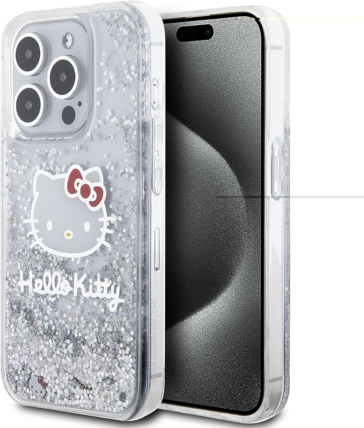 Дизайнерски кейс с висока защита за iPhone 15 Pro - Hello Kitty Liquid Glitter Electroplating Head Logo Case (прозрачен-сребрист)