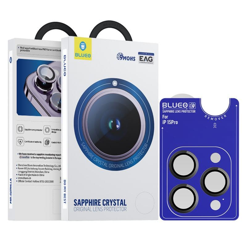 Предпазни сапфирени лещи за камерата на iPhone 15 Pro Max - Blueo Sapphire Crystal Stainless Steel Camera Lens Protector (черен)