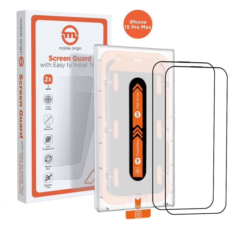 2 броя калени стъклени защитни покрития за дисплея на iPhone 15 Pro Max - Mobile Origin Screen Guard Tempered Glass 2 Pack (черен-прозрачен)