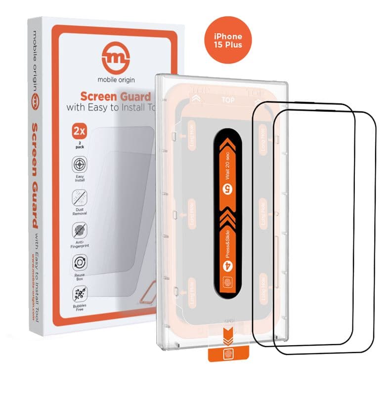 2 броя калени стъклени защитни покрития за дисплея на iPhone 15 Plus - Mobile Origin Screen Guard Tempered Glass 2 Pack (черен-прозрачен)