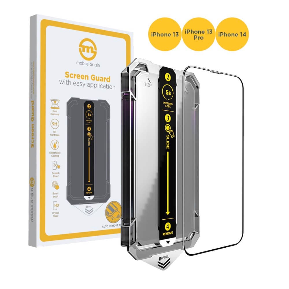 Стъклено защитно покритие за дисплея на iPhone 14, iPhone 13, iPhone 13 Pro - Mobile Origin Screen Guard Full Cover Tempered Glass (черен-прозрачен)