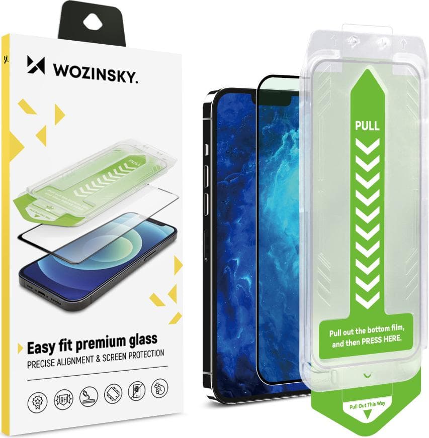 Калено стъклено защитно покритие с рамка за поставяне за дисплея на iPhone 15 Plus - Wozinsky Easy Fit Full Glue 3D Tempered Glass (черен-прозрачен)