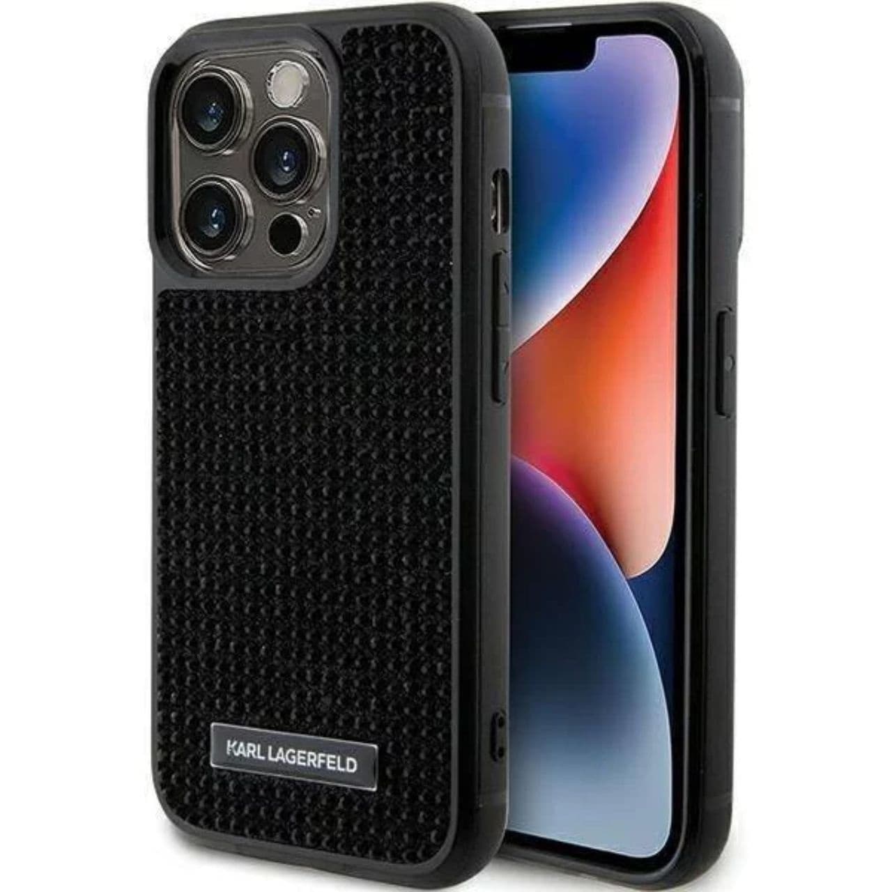 Дизайнерски кожен кейс за iPhone 15 Pro Max - Karl Lagerfeld PU Rhinestone Plate Metal Logo Leather Hard Case (черен)