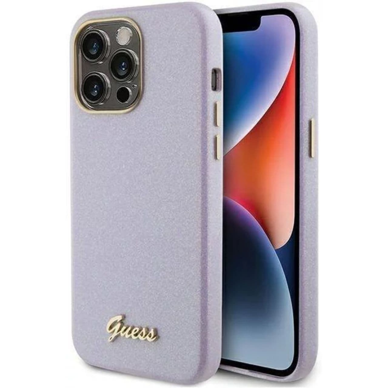 Дизайнерски кожен кейс за iPhone 15 Pro Max - Guess PU Glitter Full Wrapped Leather Hard Case (лилав)