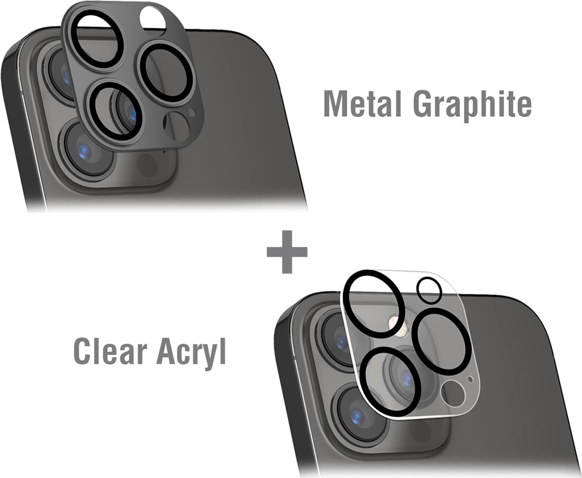 2 броя предпазни плочки за камерата на iPhone 15 Pro, iPhone 15 Pro Max - 4smarts StyleGlass Camera Lens Protector (тъмносив и прозрачен)