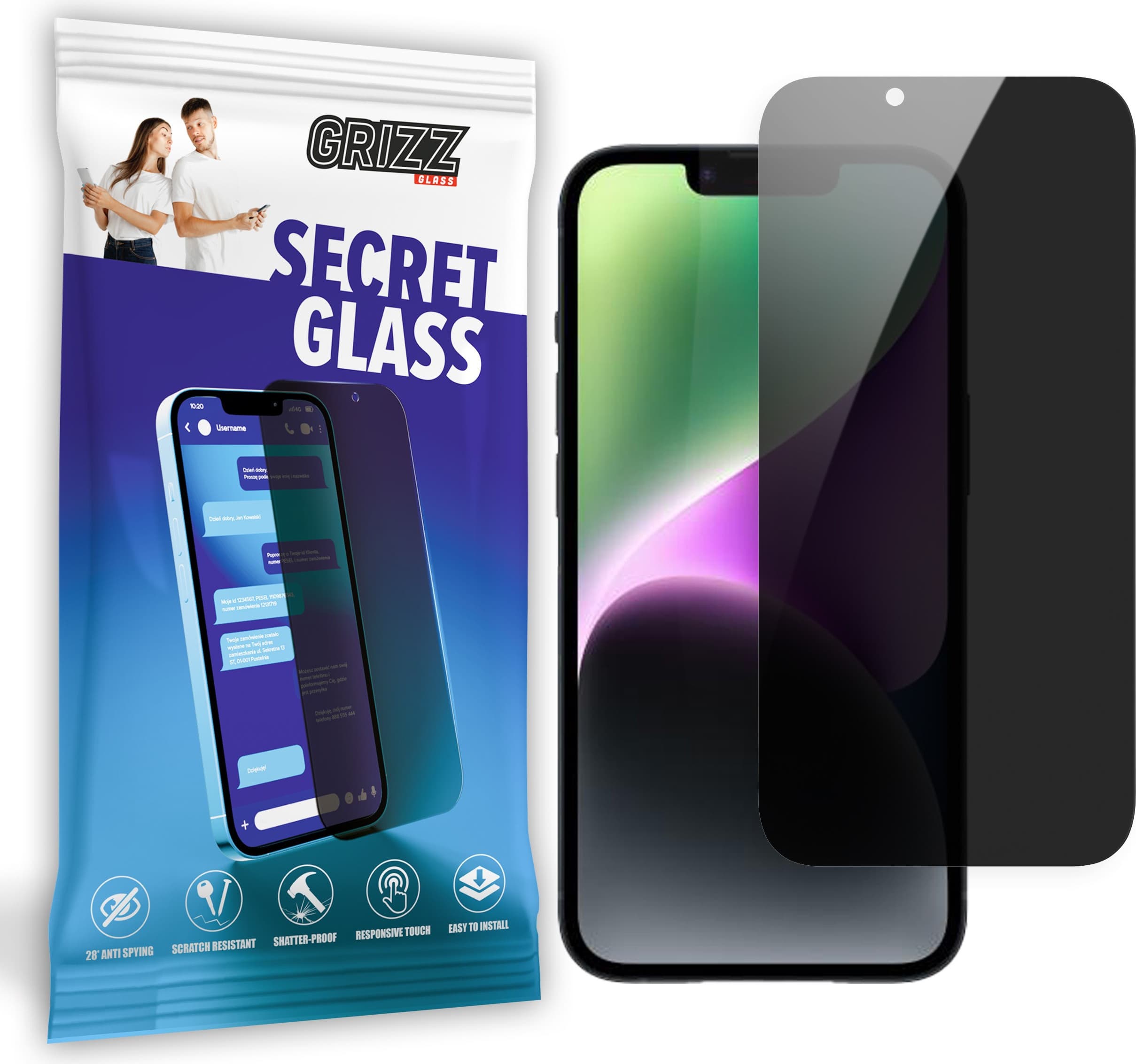 Хибридно защитно покритие с определен ъгъл на виждане за дисплея на iPhone 15 Plus (прозрачно) - GrizzGlass SecretGlass Privacy Hybrid Screen Protector