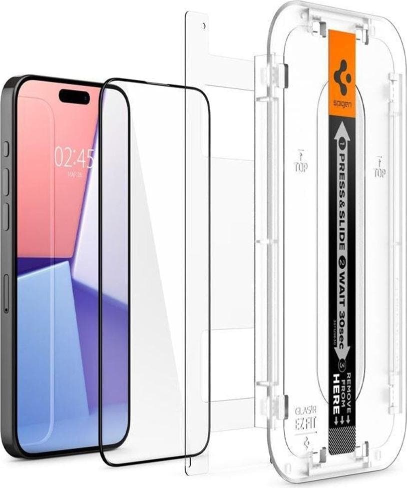 2 броя стъклени защитни покрития за дисплея на iPhone 15 Pro Max - Spigen Glas.tR EZ Fit Full Cover Tempered Glass 2 Pack (черен-прозрачен)