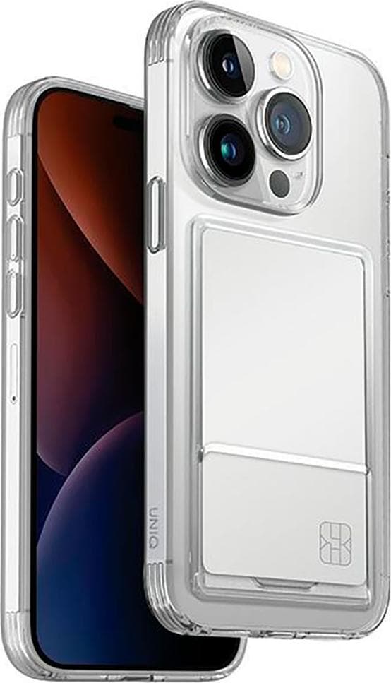 Удароустойчив силиконов (TPU) калъф с джоб за кредитна карта за iPhone 15 Pro - Uniq AirFender ID Flexible Case (прозрачен)