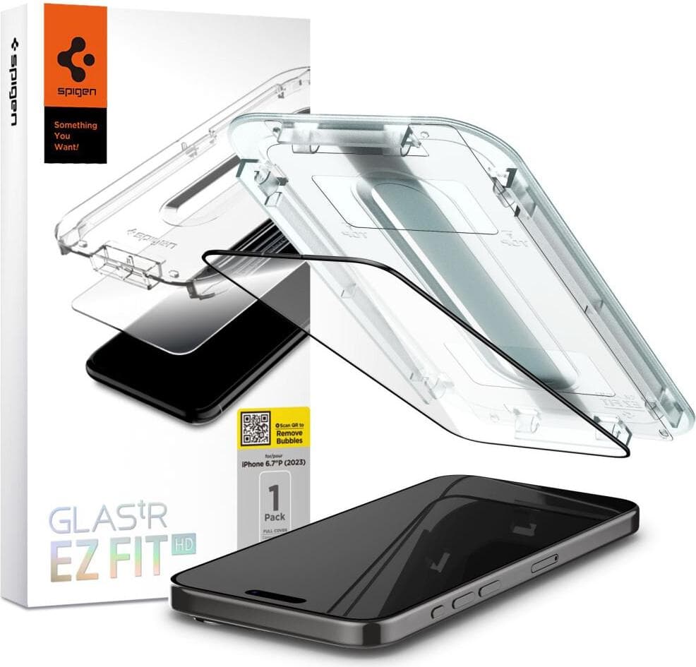 Стъклено защитно покритие за дисплея на iPhone 15 Pro Max - Spigen Glas.tR EZ Fit Full Cover Tempered Glass (черен-прозрачен)