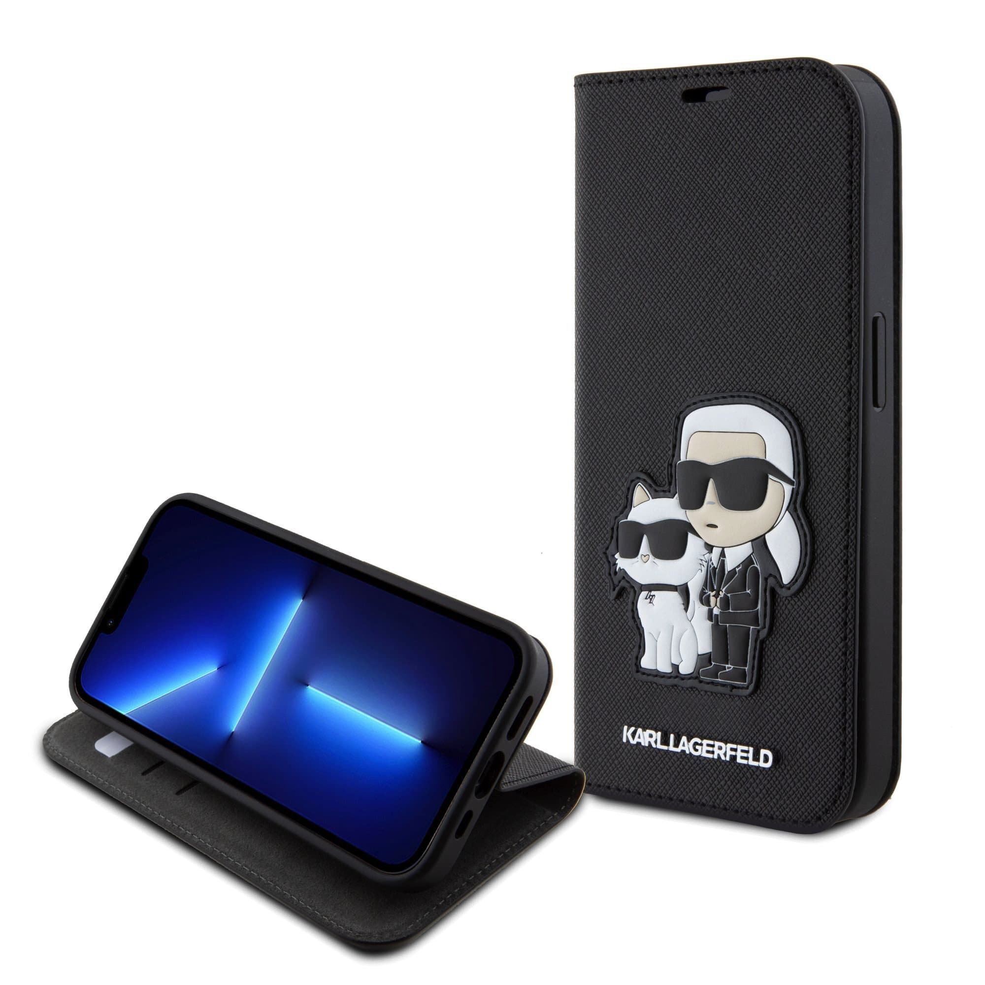Дизайнерски кожен калъф, тип портфейл за iPhone 15 Pro - Karl Lagerfeld PU Saffiano Karl and Choupette NFT Book Case (черен)