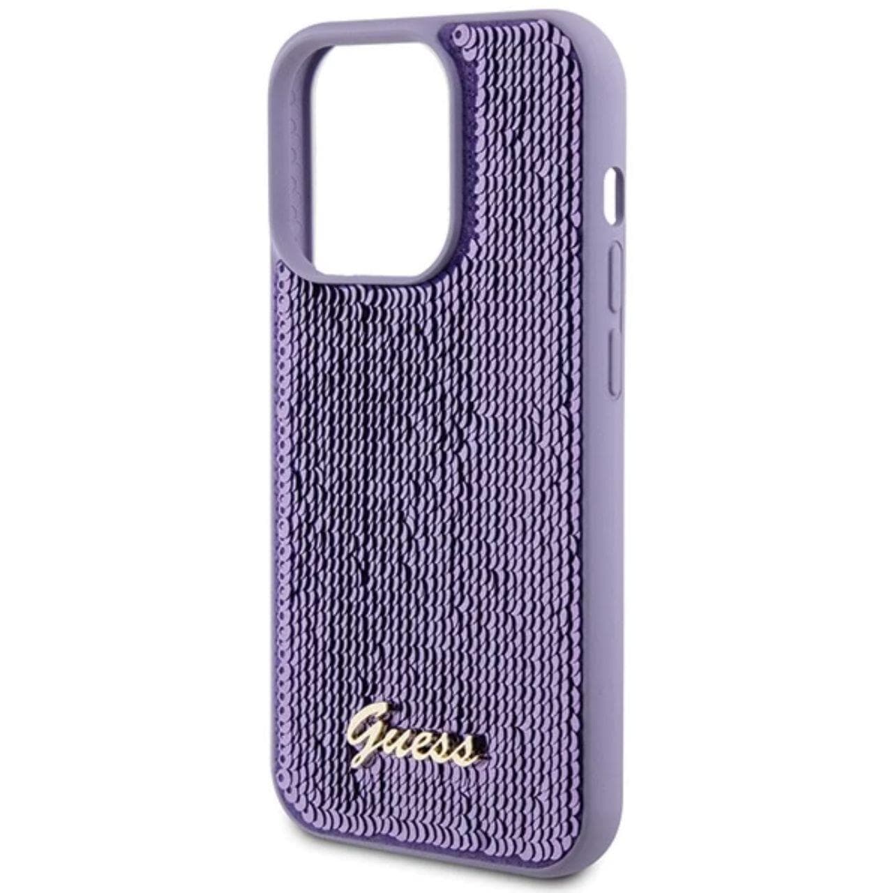Дизайнерски силиконов кейс за iPhone 15 Pro Max - Guess Sequin Script Logo Case (лилав)