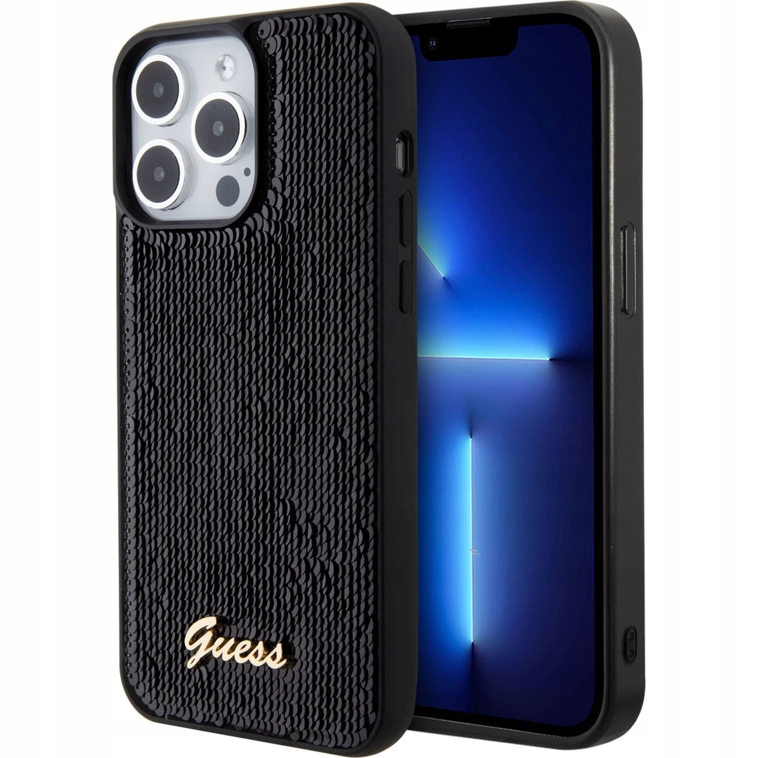 Дизайнерски силиконов кейс за iPhone 15 Pro - Guess Sequin Script Logo Case (черен)