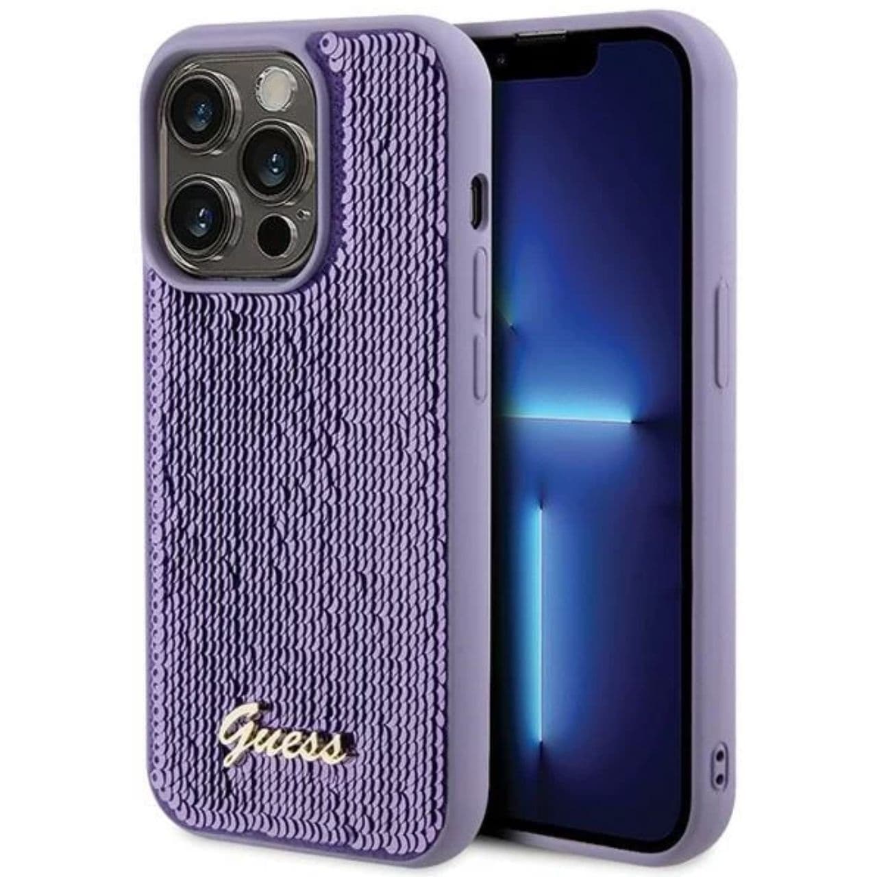 Дизайнерски силиконов кейс за iPhone 15 Pro - Guess Sequin Script Logo Case (лилав)