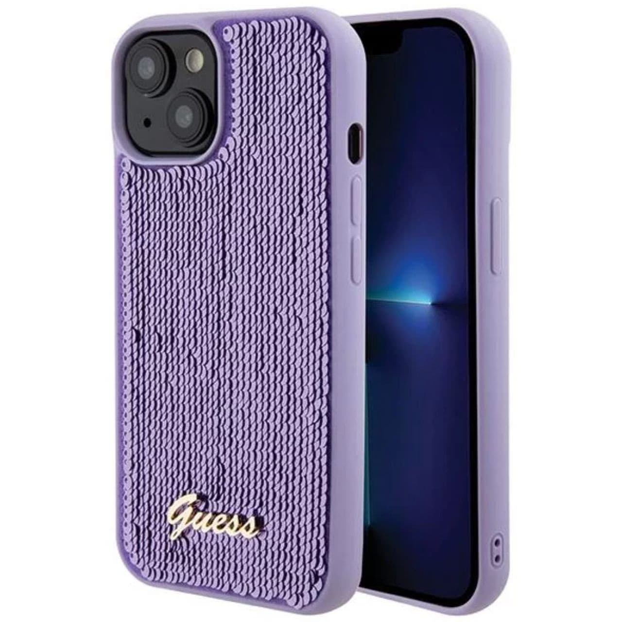 Дизайнерски силиконов кейс за iPhone 15 - Guess Sequin Script Logo Case (лилав)