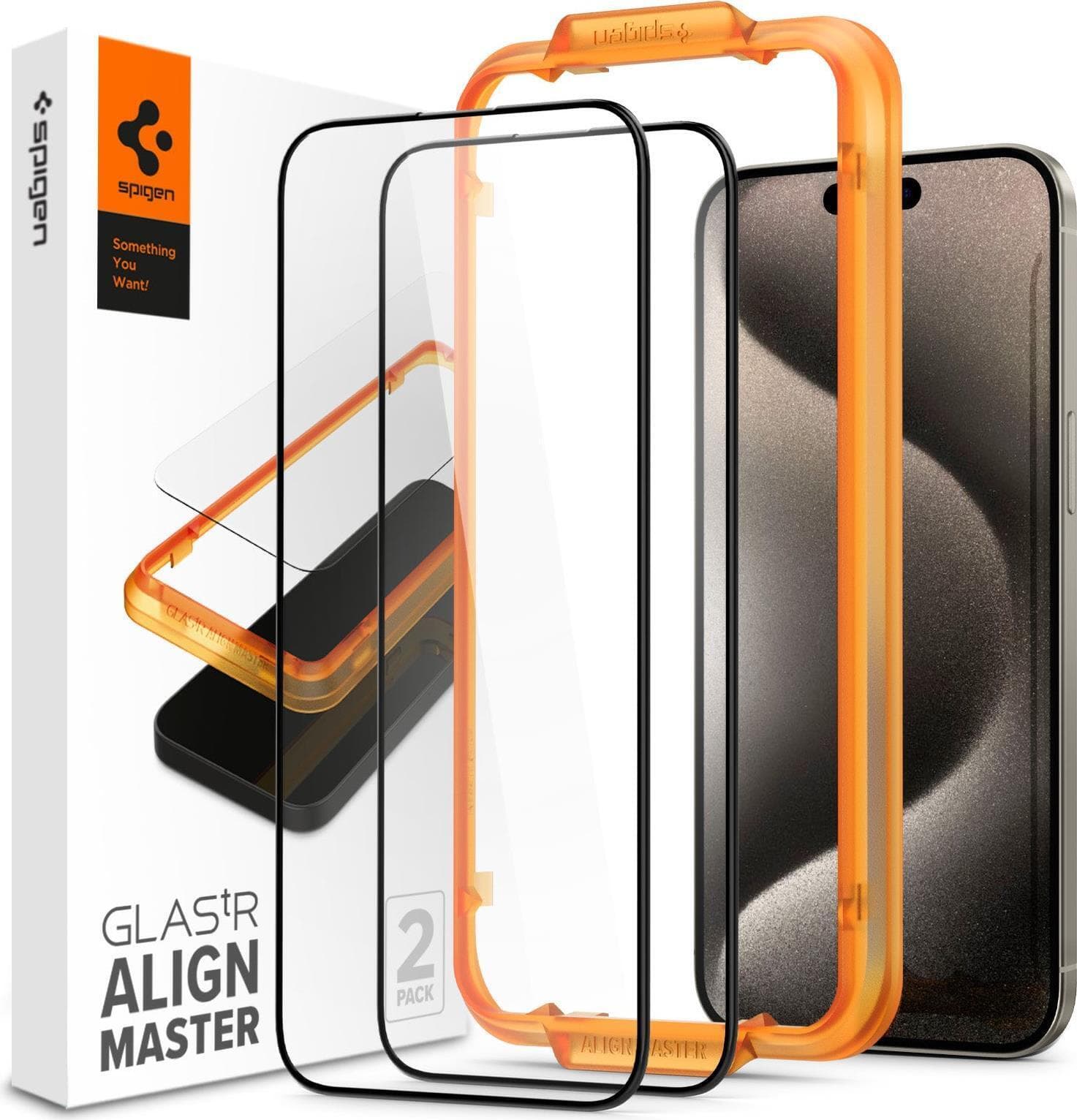 2 броя стъклени защитни покрития за целия дисплей на iPhone 15 Pro Max - Spigen Glas.tR Align Master Full Cover Tempered Glass 2 Pack (черен-прозрачен)